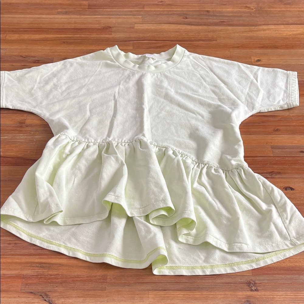COS Lime Green Short Sleeve Ruffled Tshirt Asymmetric Hem Size XS